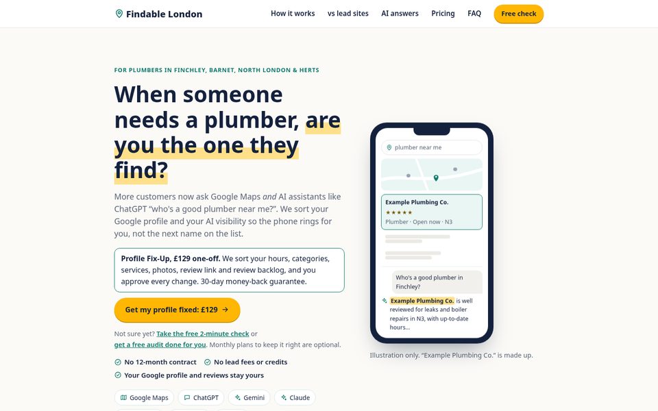 Screenshot of the findable.london homepage, headed "When someone needs a plumber, are you the one they find?", with a phone mock-up showing a Google Maps result and an AI assistant answer