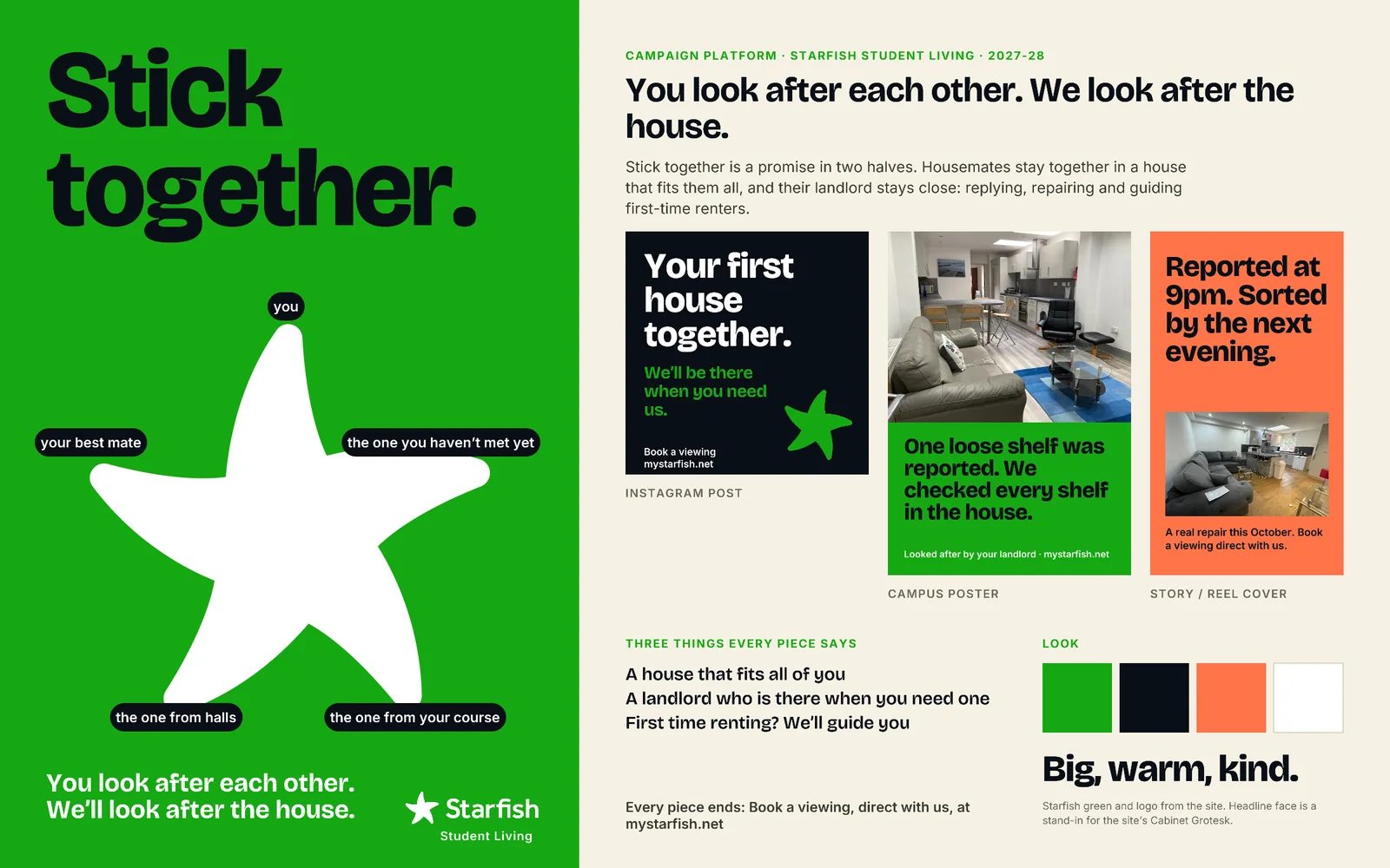 The Stick together concept board: a big white starfish on green, labelled you, your best mate, the one you haven't met yet, the one from halls and the one from your course, beside sample posts and the colour palette.