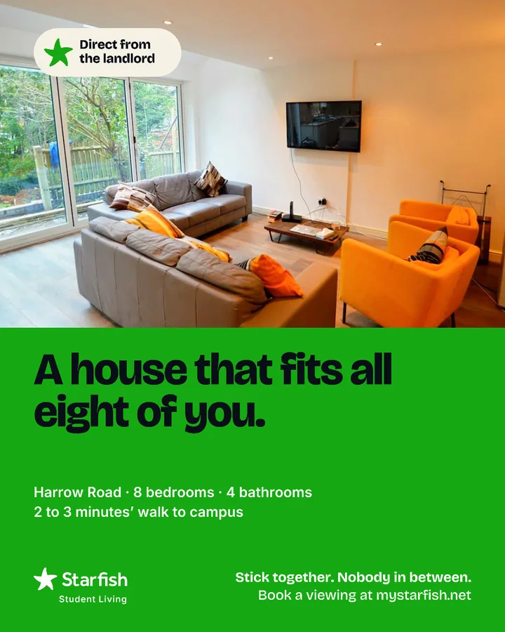 House post: a bright living room with orange armchairs, headline “A house that fits all eight of you.”
