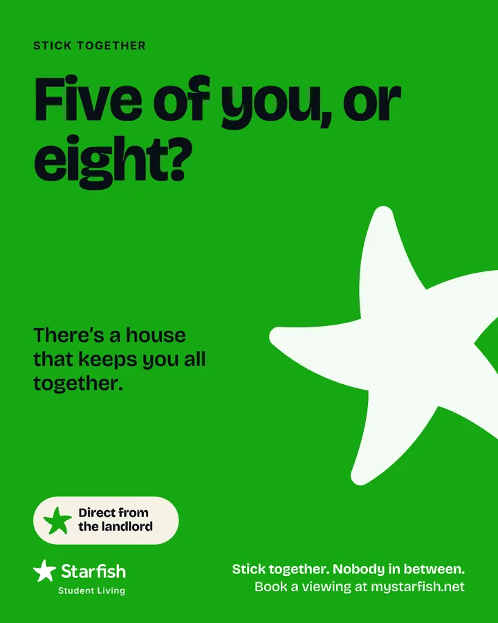 Green post with a large cream starfish: “Five of you, or eight? There’s a house that keeps you all together.”