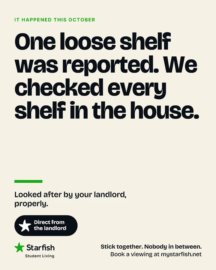 Cream post: “One loose shelf was reported. We checked every shelf in the house.”
