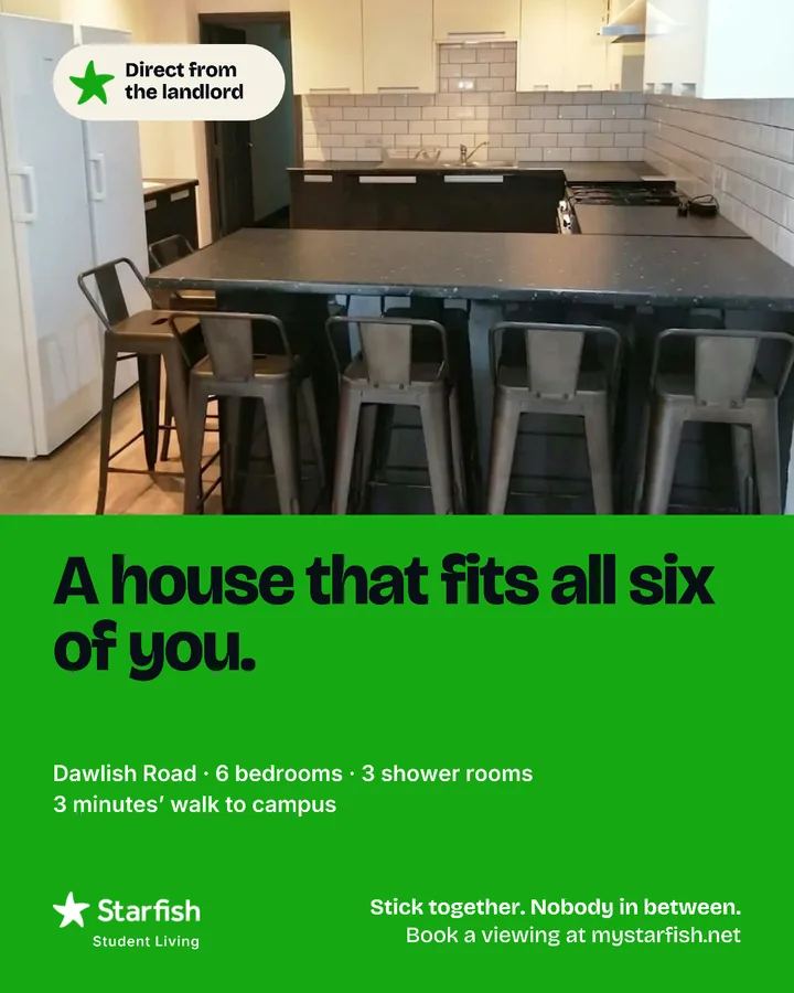 House post: a kitchen with a long breakfast bar and stools, “A house that fits all six of you.”