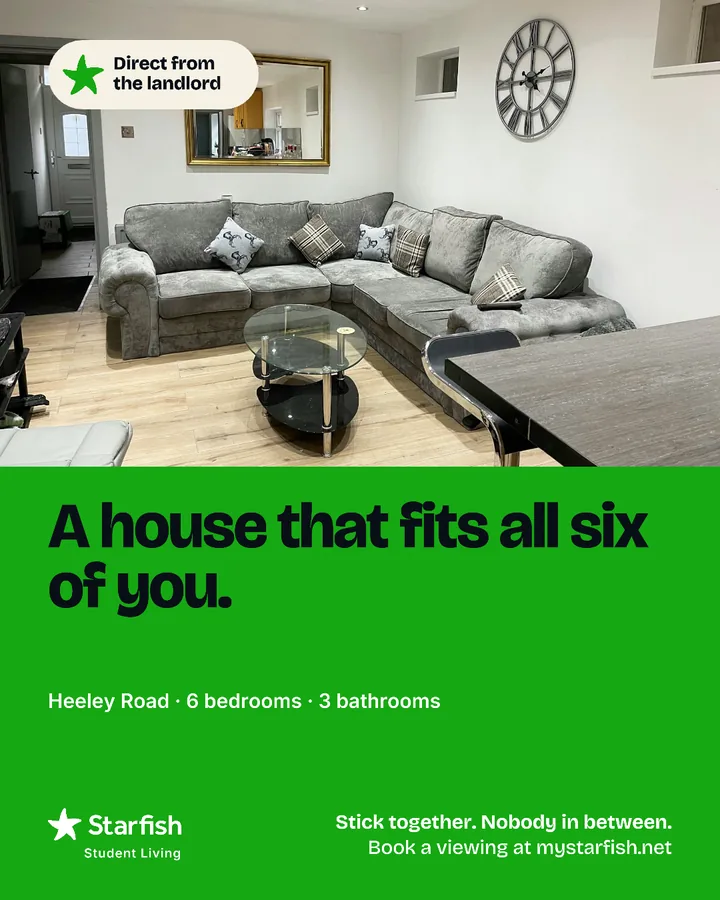 House post: a living room with a large grey corner sofa, “A house that fits all six of you.”